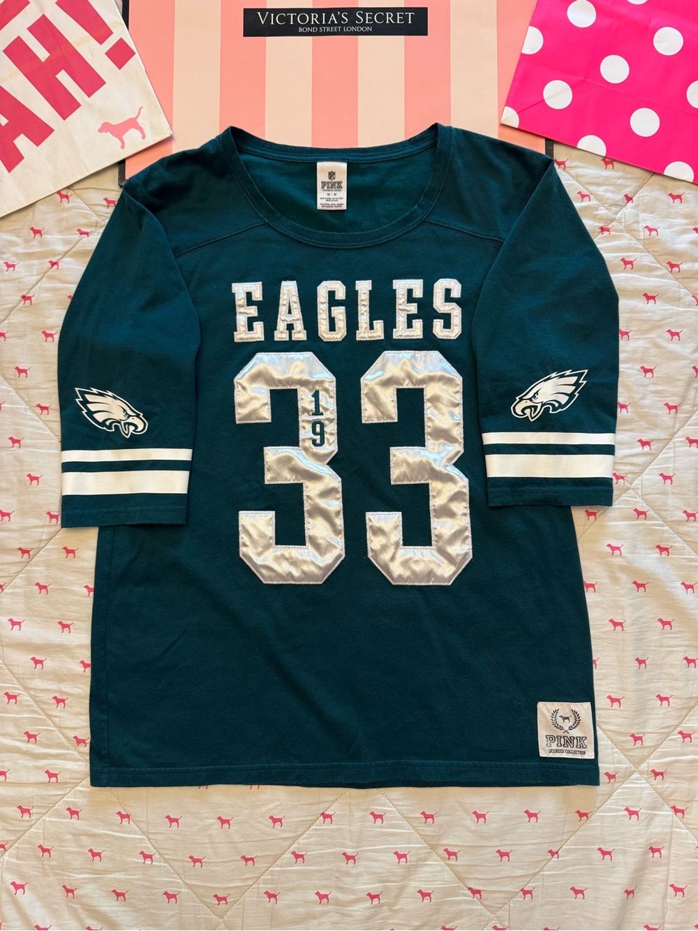VS PINK VINTAGE Y2K PHILADELPHIA EAGLES GAME DAY VARSITY JERSEY SATIN LOGO RARE